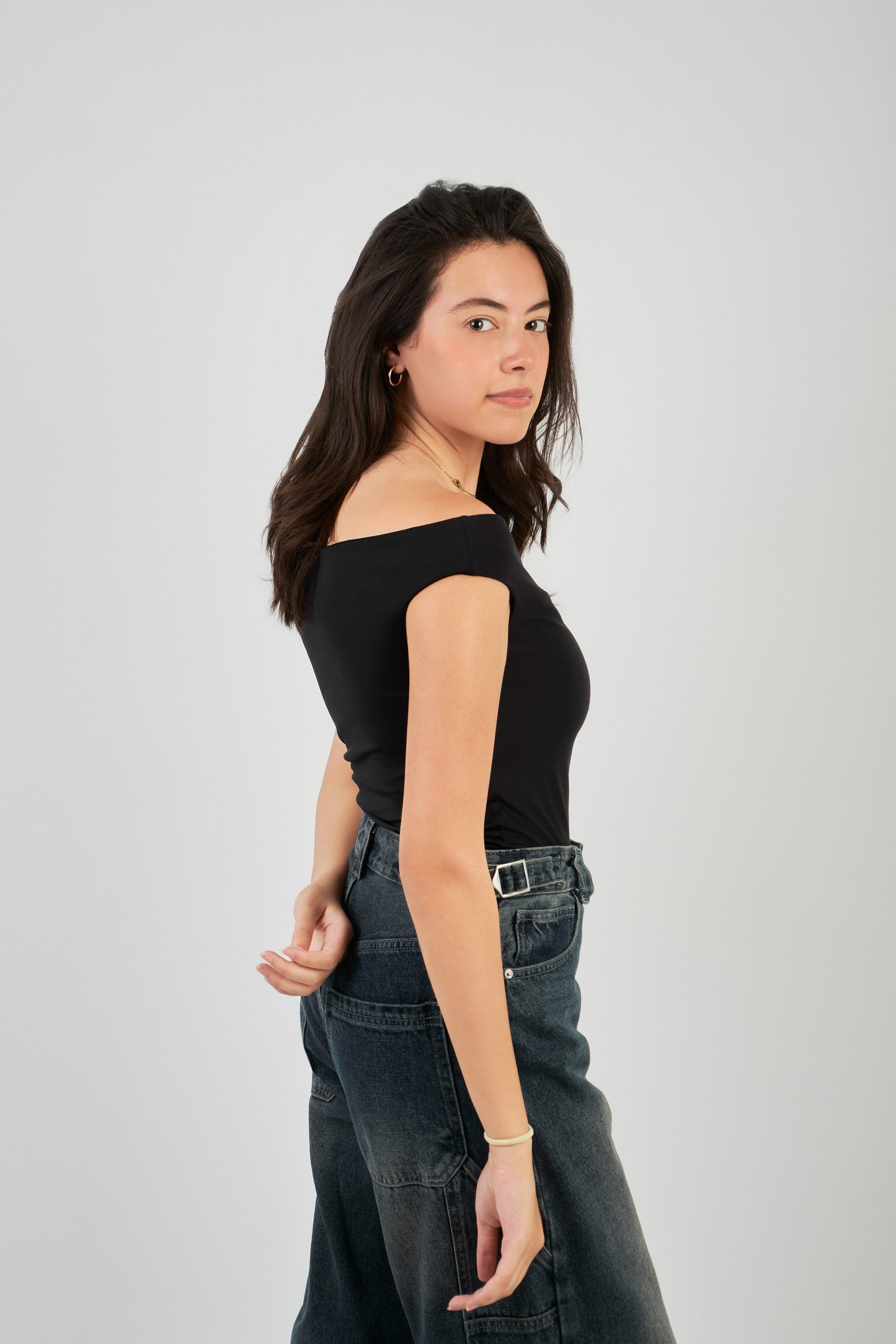 ONE SHOULDER RUSHED ASYMMETRICAL TOP - BLACK