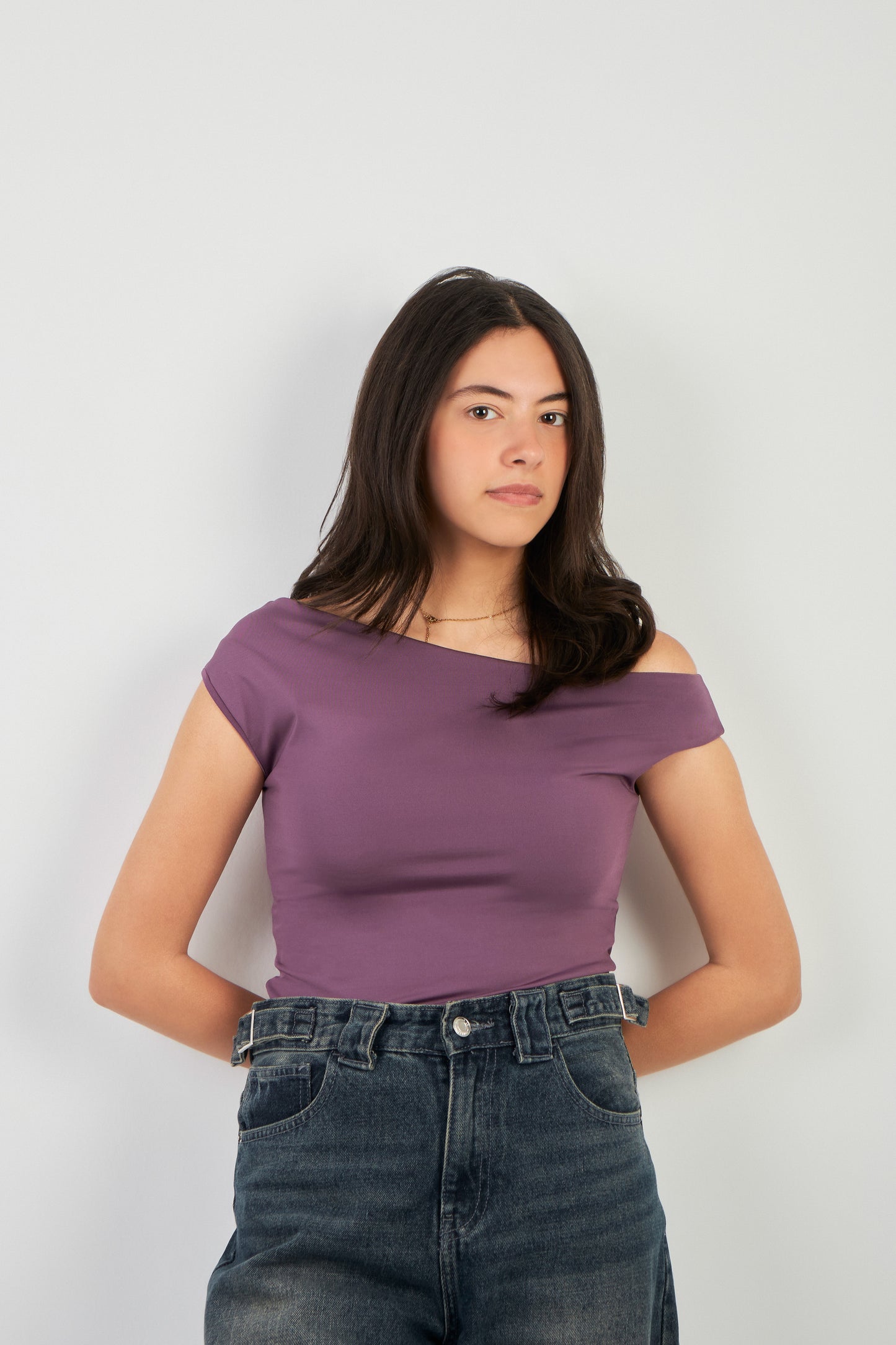 ONE SHOULDER RUSHED ASYMMETRICAL TOP - PURPLE