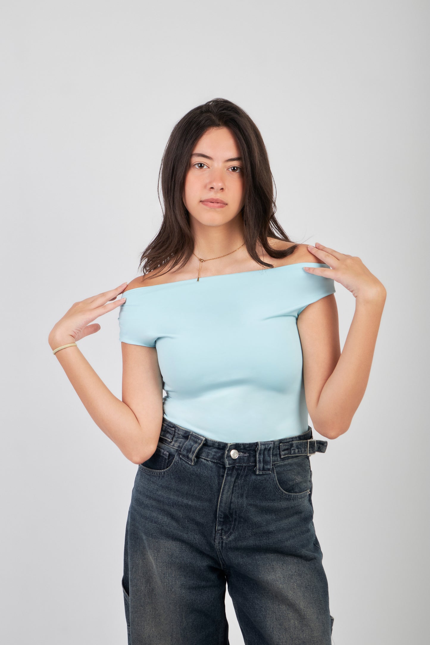 ONE SHOULDER RUSHED ASYMMETRICAL TOP - BABY BLUE