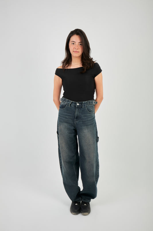 ONE SHOULDER RUSHED ASYMMETRICAL TOP - BLACK