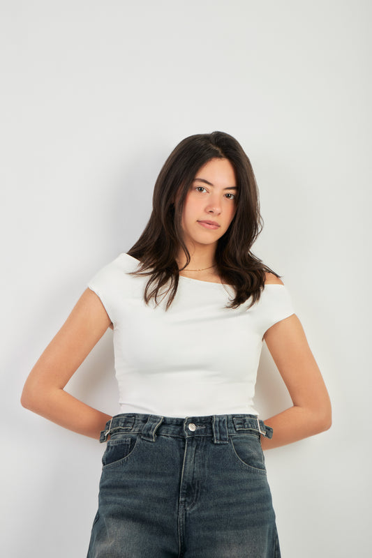 ONE SHOULDER RUSHED ASYMMETRICAL TOP - WHITE