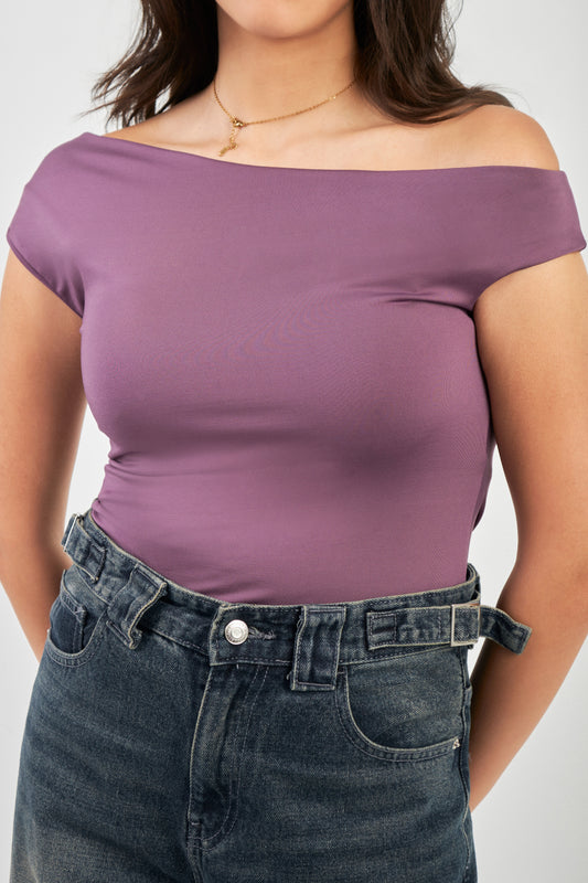 ONE SHOULDER RUSHED ASYMMETRICAL TOP - PURPLE