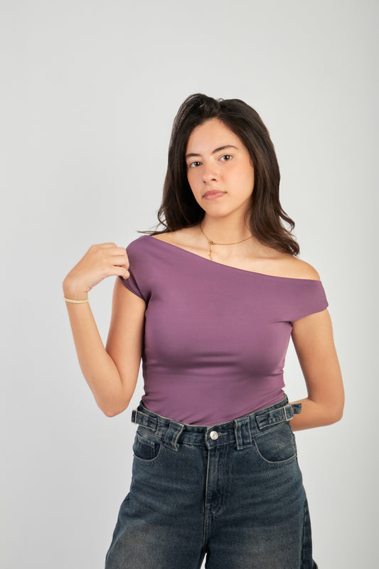 ONE SHOULDER RUSHED ASYMMETRICAL TOP - PURPLE