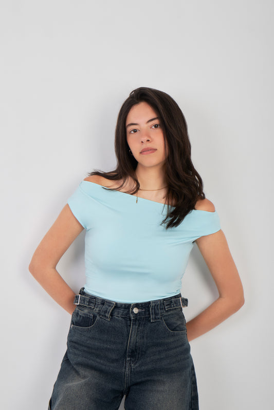 ONE SHOULDER RUSHED ASYMMETRICAL TOP - BABY BLUE