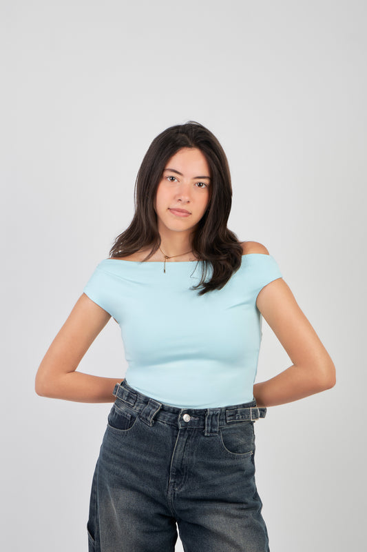 ONE SHOULDER RUSHED ASYMMETRICAL TOP - BABY BLUE