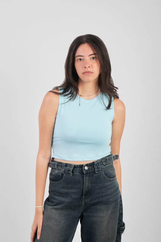 ROUND NECK SLEEVELESS TOP - BABY BLUE