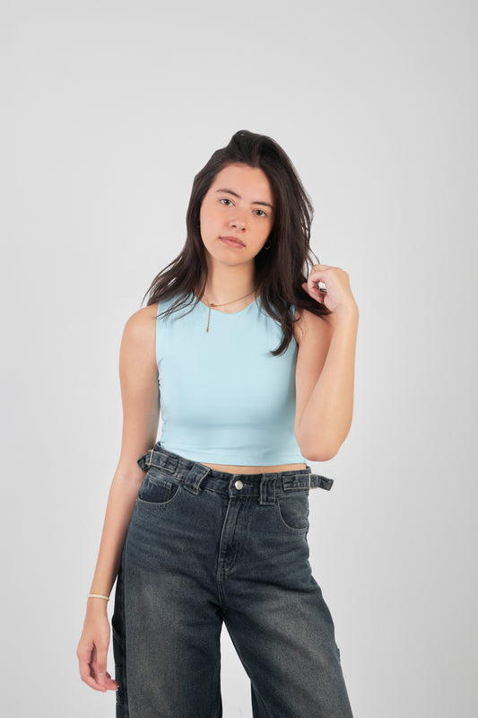 ROUND NECK SLEEVELESS TOP - BABY BLUE